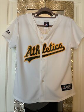 Majestic White Athletics Script Baseball Jersey with Green & Yellow Trim